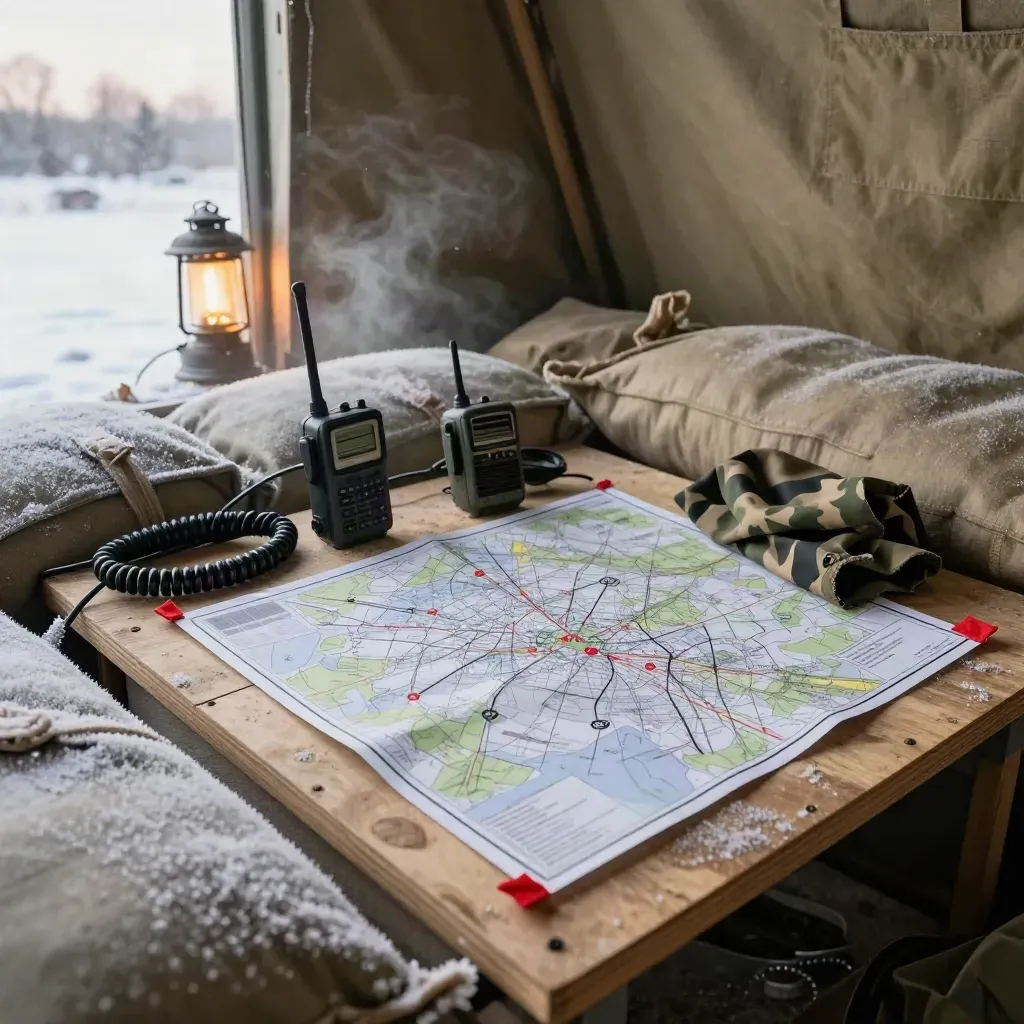 Dim command shelter with radios and a folded route map board beside sandbags before dawn