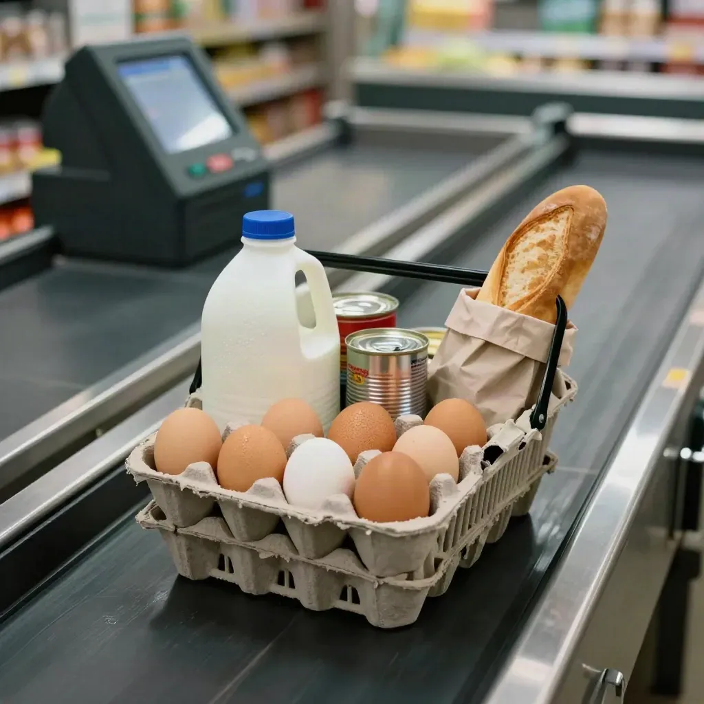 Checkout basket of eggs, milk, bread, and cans rolls along a supermarket lane.