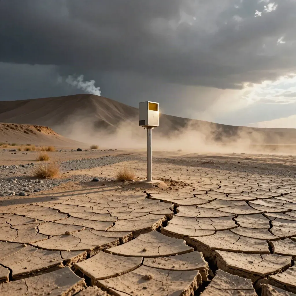 Cracked riverbed with a small weather station and distant smoke under storm clouds.