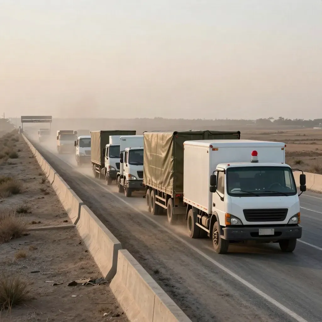 Aid trucks wait between concrete barriers on a dusty border road at sunrise.