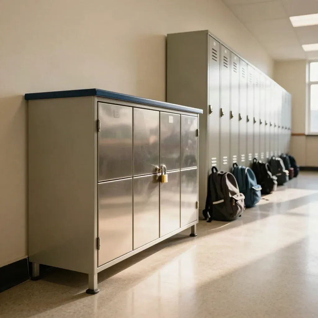 Empty school hallway with locked phone caddy, lockers, and backpacks under bright morning light