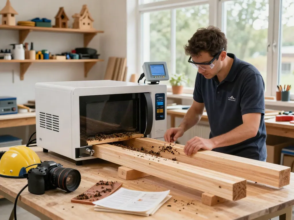 SHASHEL® device treating wood against wood-boring insects in a bright workshop