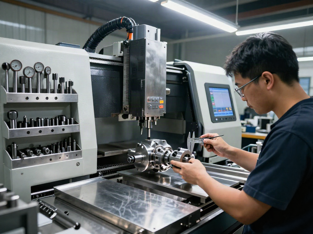 Technician inspecting custom stainless steel parts in a modern CNC workshop, showcasing precision and craftsmanship.